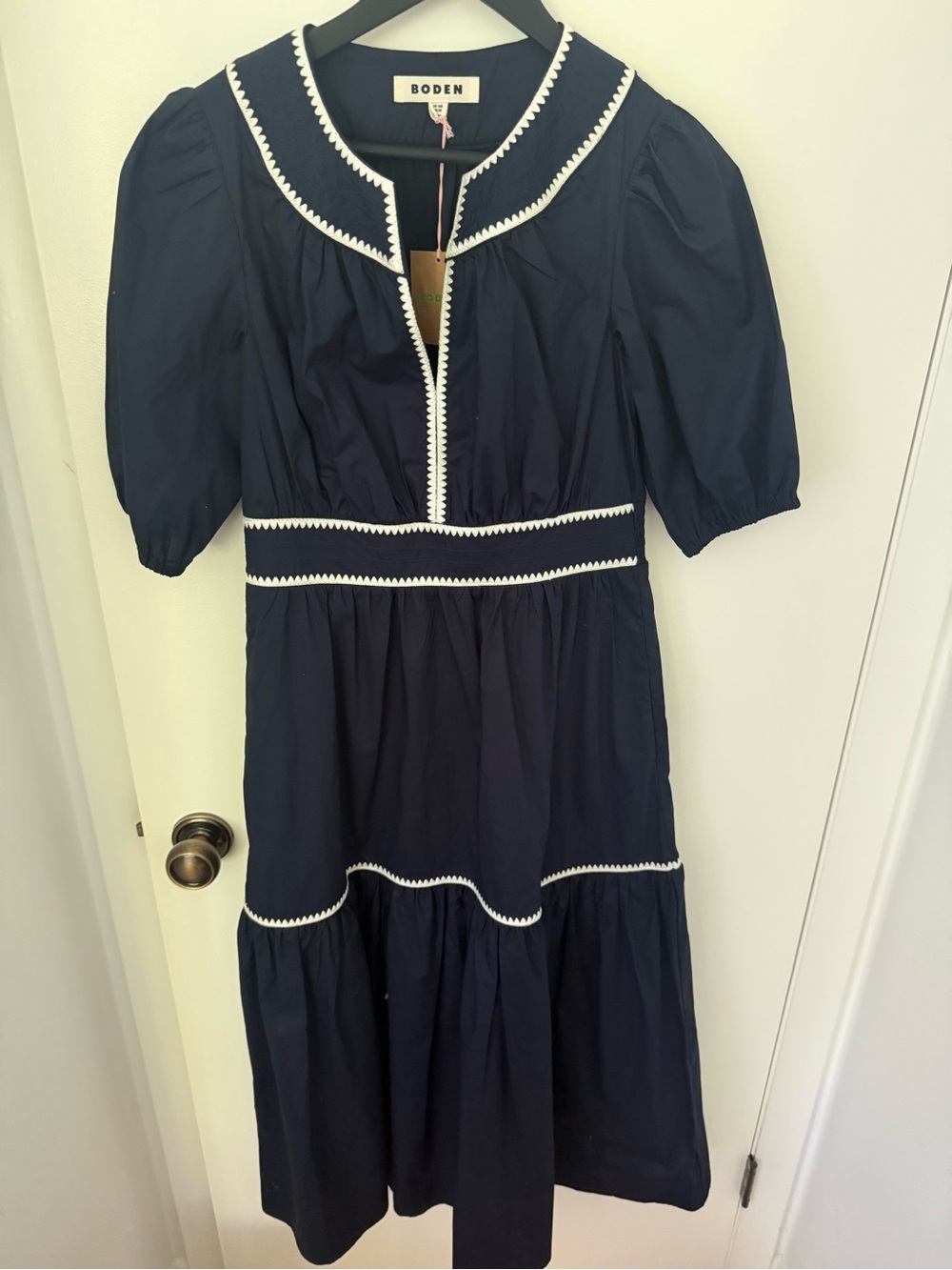 Boden Navy Midi Dress with White Scallop Trim